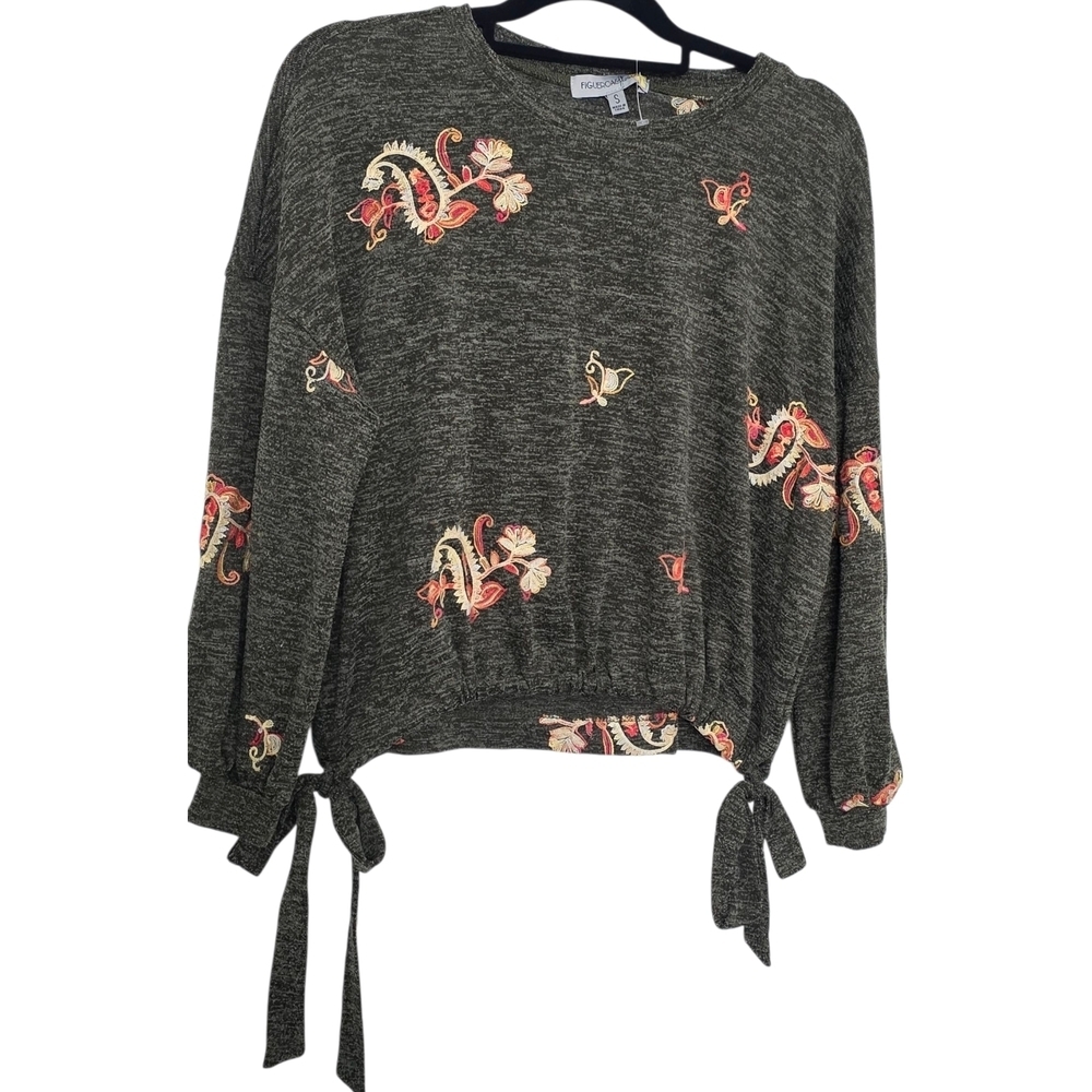 Figueroa & Flower Green Embroidered Floral Tie-Sleeve Sweater Small